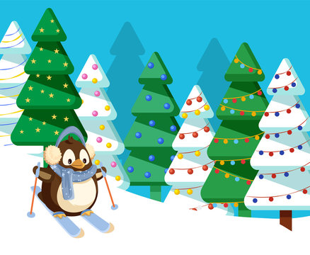 Winter holidays and rest in cold season. Penguin wearing warm clothes scarf and earmuffs. Skiing birdie in forest with pine trees and garlands. Christmas celebration and active lifestyle vector