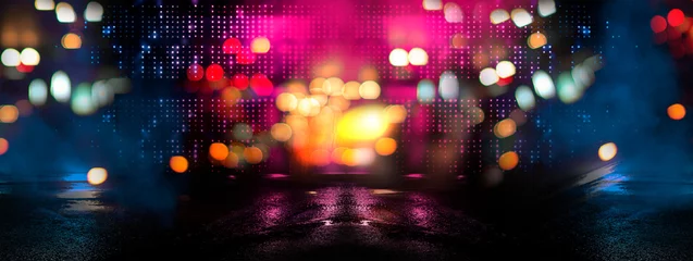 Fotobehang Dark street reflection on the wet pavement. Empty background scene. Rays neon light in the dark, neon figures, smoke. Night view of the street, the city. Abstract dark background. Abstract spotlight. © MiaStendal