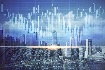 Forex chart on cityscape with skyscrapers wallpaper multi exposure. Financial research concept.