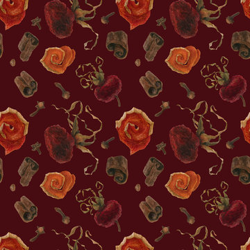 Christmas hot drink spices and hips for watercolor red seamless pattern