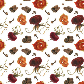 Christmas hot drink spices and hips for watercolor seamless pattern