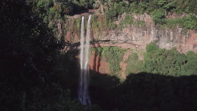 Aerial veiw with Chamarel Waterfall in the tropical jungle of Mauritius