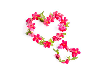 a couple two hearts made of red pink flowers arrangement isolated on white