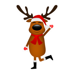 Funny reindeer in a scarf for christmas dancing isolated on a white background