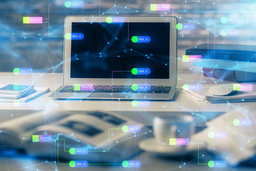 Technology theme drawing and table with computer. Multi exposure. Concept of information.