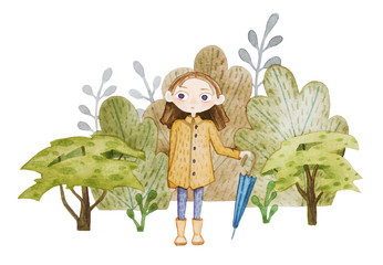 Watercolor hand drawn illustration of girl in the yellow coat in the woods