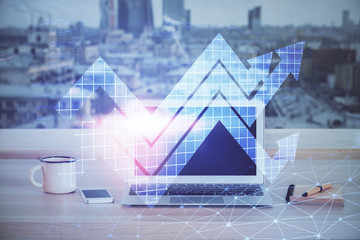 Computer on desktop with point up arrows hologram. Double exposure. Concept of success.