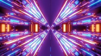 futuristic scifi hangar tunnel corridor with endless glowing lights 3d illustration wallpaper background