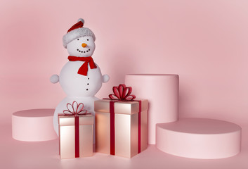 Snowman - 3d render illustration. Podium, pedestal in store. New Year greeting card. Snow globe in Pink space. Advertising exhibition base with brand gifts, presents. Snowman in scarf and santa hat