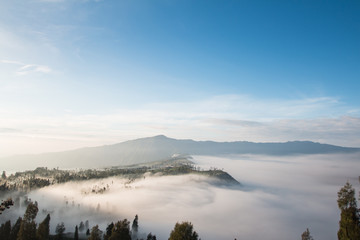 Volcano Bromo at sunset time background near Cemoro lawang village at mount Bromo in Bromo tengger semeru national park, East Java, Indonesia.