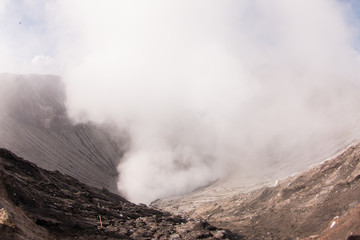 Volcano Bromo at sunset time background near Cemoro lawang village at mount Bromo in Bromo tengger semeru national park, East Java, Indonesia.