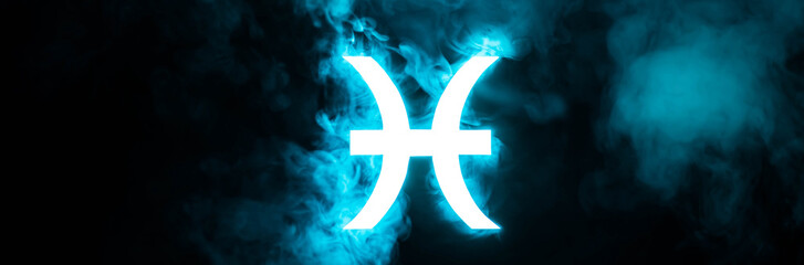 blue illuminated Pisces zodiac sign with smoke on background, panoramic shot