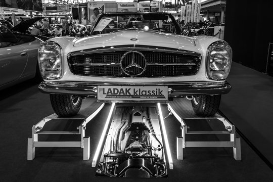 STUTTGART, GERMANY - MARCH 02, 2017: Sports car Mercedes-Benz 230SL (W113) Pagoda, 1965. Black and white. Europe's greatest classic car exhibition "RETRO CLASSICS"