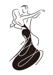 Balroom Dancers Couple.  Line art stylized black illustration of couple dancing ballroom dance. Vector available.