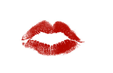  Red lips on a white background. The imprint of female lips.
