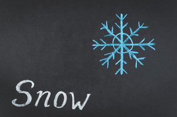 snow and snowflake on blackboard, mock up, copy space