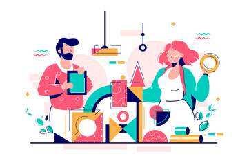 Young man and woman building service using modern technology.