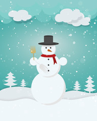 Fototapeta premium Snowman in winter landscape trees snow stars green