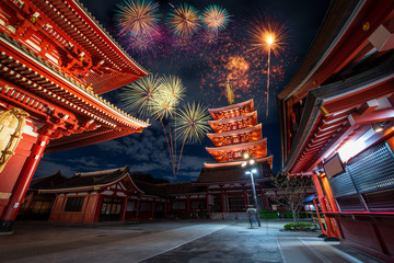 Firework over Sensoji temple at night in Asakusa, Tokyo, Japan.
