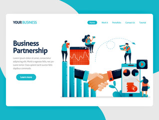 Collaboration to get return on profit and opportunities. Bar chart and diagram. Mobile financial chart. Business analysis. Flat vector human illustration for landing page, website, mobile, poster