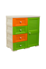 Three-color plastic chest of drawers on a white isolated background