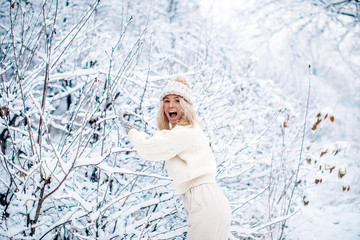 Christmas time. Winter snow woman. Nature background. Cold. 