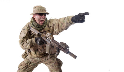 Army military soldier screaming, pointing attack direction