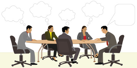 A corporate meeting scene with speech bubble and think bubbles