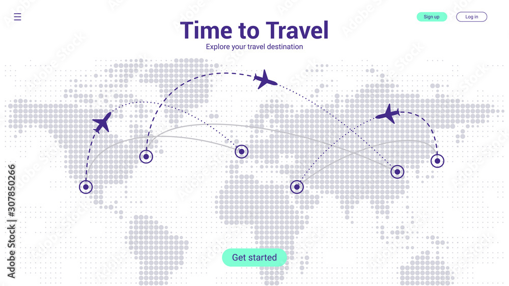 Wall mural travel landing page concept. world travel map template with airplane and route destination. violet f