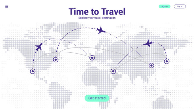 Travel Landing Page Concept. World Travel Map Template with Airplane and Route Destination. Violet futuristic Halftone Dots Background. Vector EPS 10