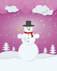 Snowman in winter landscape trees snow stars purple