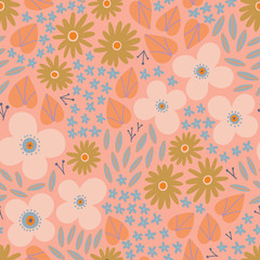 Beautiful floral texture with different hand drawn Flowers and Leaves. Summer Floral field - vector seamless pattern in Ditsy style.