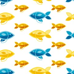 Naklejka premium Seamless patterns on a white background in a flat style with elements of fish. Texture for web page, greeting cards, posters and banners. Prints on fabric and paper.