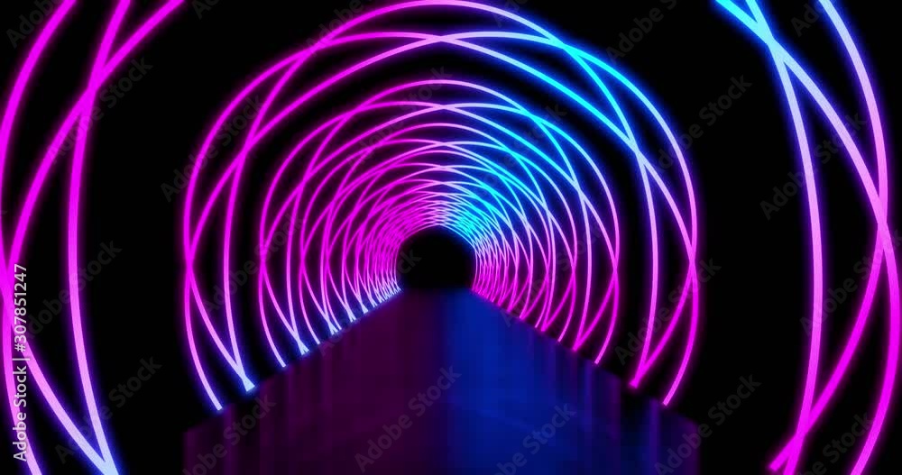 Poster neon light paths in a circle show an abstract tunnel. a seamless path through the cyberspace highway