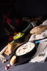 Delicious cheese and leek soup with minced meat
