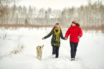 Fototapeta na wymiar young couple with a dog on a winter walk. man and woman with labrador outdoors.