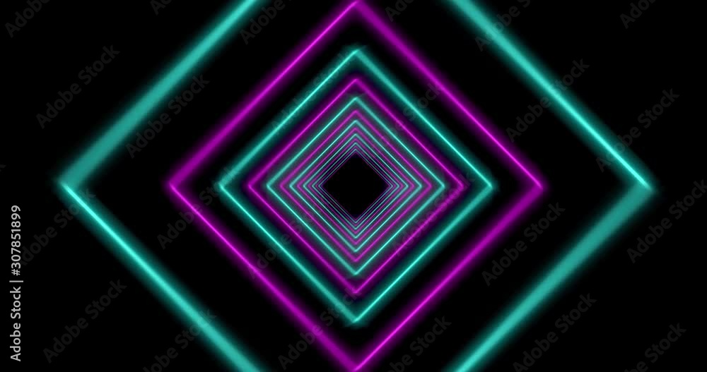 Poster neon tunnel using glowing square lines making light effect pattern. illuminated geometry making seam