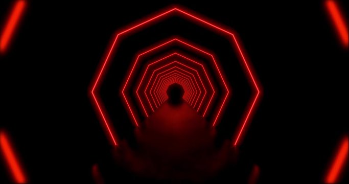 Red neon technology octagonal glowing path or laser corridor. Colourful cyberspace highway using beam of lines - 4k