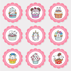 Set of cupcake toppers. Set of cupcake toppers for party with hand drawn illustration of cute kittens playing with cupcakes. Vector 8 EPS.