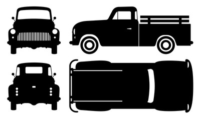 Vintage pickup truck silhouette on white background. Vehicle icons set view from side, front, back, and top
