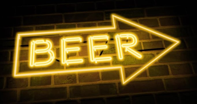 Neon beer sign shows Direction bar or pub. Brewery signage for a cafe or restaurant - 4k