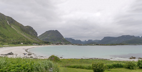 Fototapeta na wymiar fjord landscape with white sand beach, near Ramberg, Lofoten, Norway