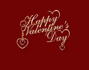 Lettering Happy Valentine s Day. Gold pendants in the form of hearts in white and yellow gold. 3D with shadow. illustration