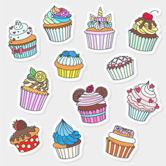 Set of cupcake stickers. Doodle illustration of cupcakes decorated with cream, raspberry, hearts, cherry, citrus, blueberry and cookies. Vector 8 EPS.
