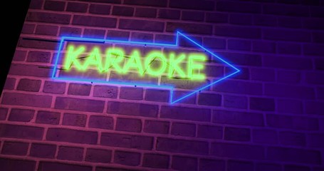 Karaoke neon sign glowing above bar or open mic establishment. Entertainment studio for performing songs or singing - 4k