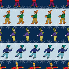 Vector Kids Playing in Snow with Snowflakes on Blue Stripes Seamless Repeat Pattern. Background for textiles, cards, manufacturing, wallpapers, print, gift wrap and scrapbooking.
