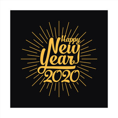 Happy 2020 New Year. Holiday Vector Illustration With Lettering Composition And Burst. Vintage festive label