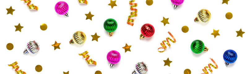 Seamless pattern of Xmas tree decorations colorful bauble, glitters crumbled on isolated white background Flat lay Top view Holiday card Merry Christmas, Happy New Year concept Place for text