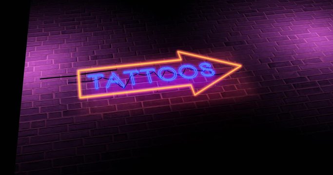 Neon tattoo sign graphics symbol advertisement for parlour. Artwork and tattoos in henna or ink - 4k