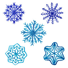 Set of five watercolor snowflakes. Blue painted snowflakes isolated on white background
